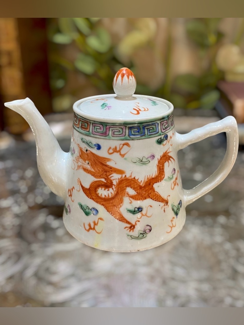 Antique Chinese Teapot Porcelain Phoenix Dragon Red Mark